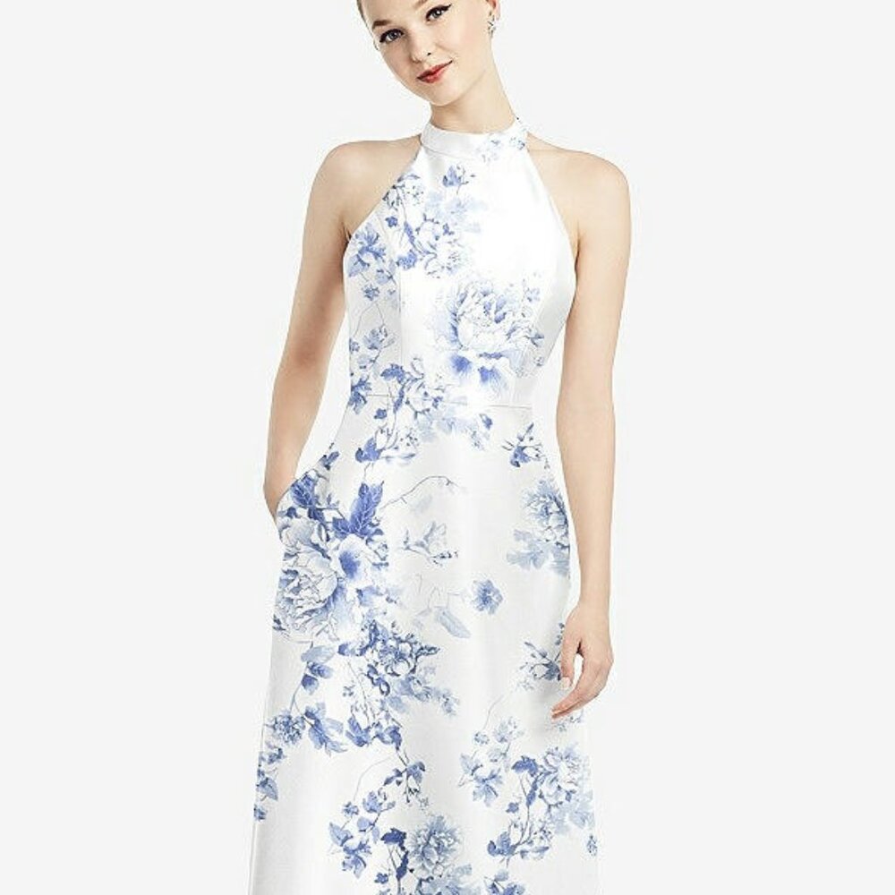ALFRED SUNG White and Blue Floral Maxi Dress